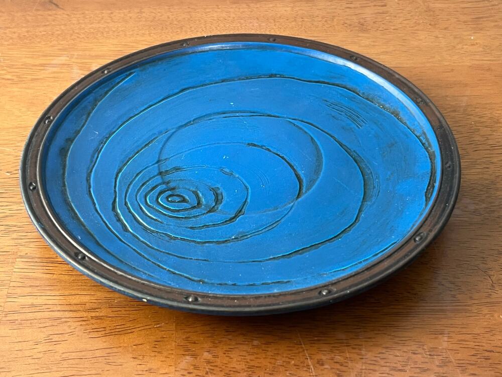 VTG Inarco Blue Art Pottery Plate Concentric Circles MCM Japan E-3202 8"